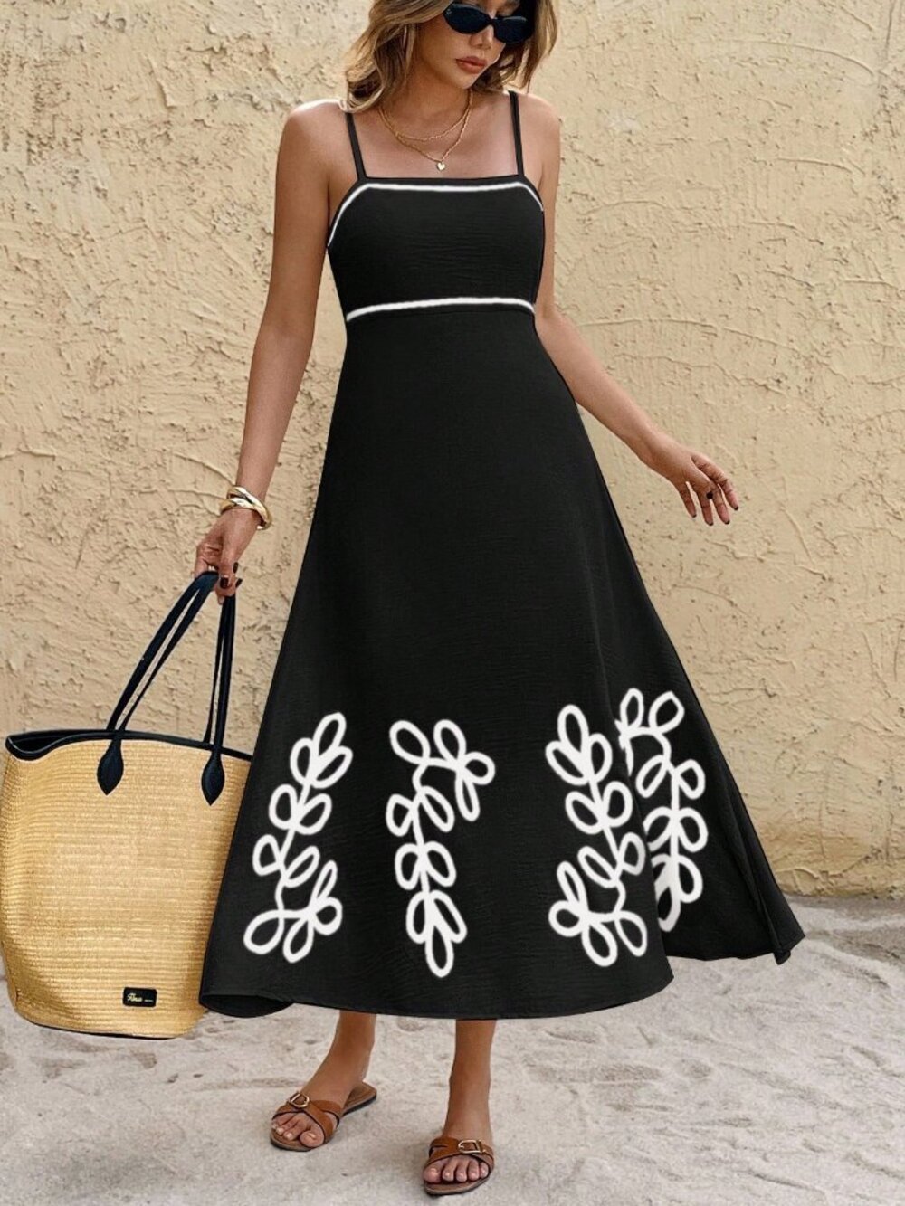 Black Elegant Women's Contrast Print midi Dress - Picture 6 of 7